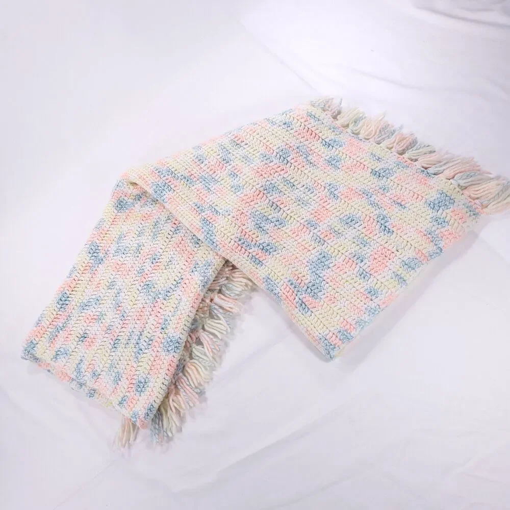 Vintage Handmade Afghan Blanket Crochet Knit 36x48 Pink Blue White